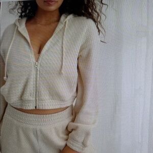 Boxy Relaxed Dropped Shoulder Cream Cropped Waffle Knit Zip-Up Hoodie Size XXL